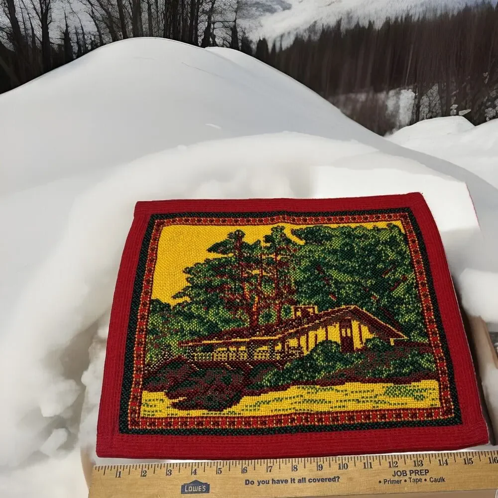 2 Vtg Cross Stitch Placemat Red Yellow Green House Trees Bushes Decor